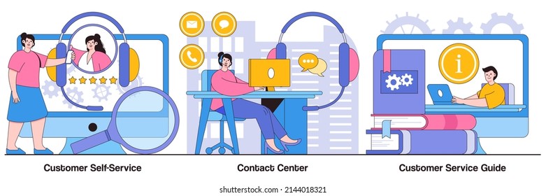 Customer self-service, contact center, customer service guide concepts with people characters. User support abstract vector illustration pack.
