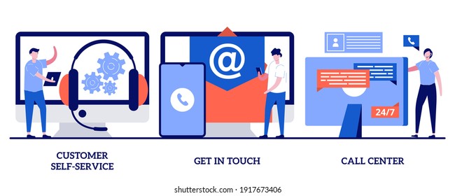 Customer Self-service, Get In Touch, Call Center Concept With Tiny People. Help Line Vector Illustration Set. Online Assistance, FAQ, E-support System, Live Chat, Virtual Service Point Metaphor.