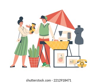 Customer And Seller Cartoon Characters At A Flea Market, Flat Vector Illustration Isolated On White Background. Flea Market Or Rag Fair Visitor And Vendor.