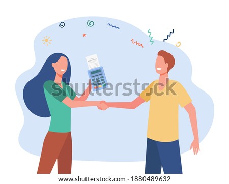 Customer and seller shaking hands. POS terminal, payment, transaction flat vector illustration. Buying, purchase, commerce concept for banner, website design or landing web page