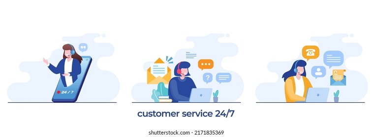 Customer service 24 hours, call center concept, women with microphone, assistant response, flat vector illustration