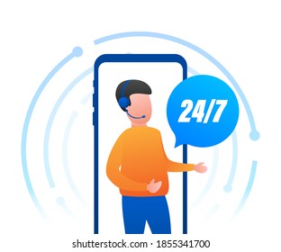 Customer service 24-7. Call center landing page. Online support center, assistance. Vector stock illustration.