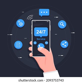 Customer service. 24-7 service concept or call center in flat illustration. A man with a phone in his hands calls the round-the-clock customer service.