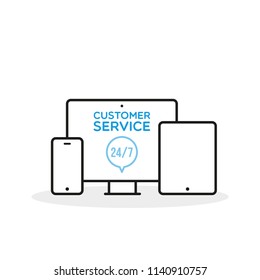 Customer service 24/7 illustration. Smartphone, desktop computer and tablet line icons. Concept of 24/7, open 24 hours, support, assistance, contact, customer service. Vector illustration, flat design