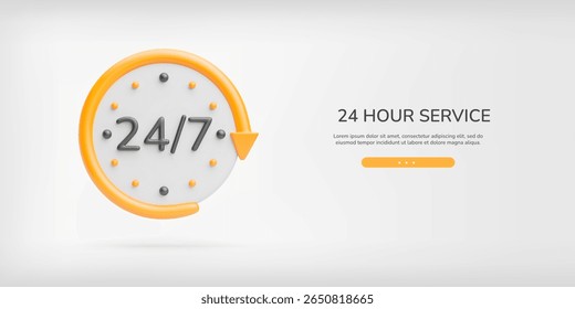 Banner 3d de atendimento ao cliente. Realista face relógio branco, 24 7 texto no centro e seta amarela ao redor. Conceito de trabalho o dia todo. Cartaz vetorial de suporte ao cliente, ajuda, horário de trabalho em cinza claro