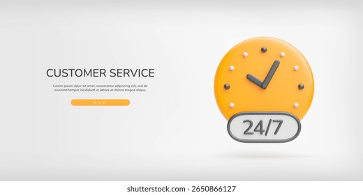 Customer service 3d banner. Realistic yellow clock face and 24 7 service text in black border. All day working concept. Vector poster of client support, help, working hours on light gray background.