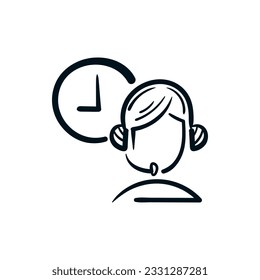 Customer service admin, fast 24 hours hand drawn icon logo. Vector doodle drawing illustration