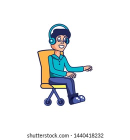 customer service agent with headset in chair of office