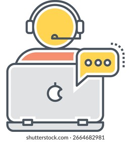 Agente de Servicio al cliente con auriculares y computadora portátil, burbuja de discurso ic