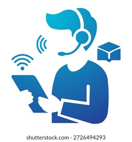 Agente de atendimento ao cliente com fone de ouvido e tablet, recebendo informações via sinais wireless