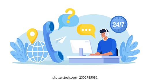 Customer Service Agent with Headsets Talking with Client. Technical Global Support, Assistance, Call Center. Contact Us. Hotline. Satisfaction and Loyalty. Customers care