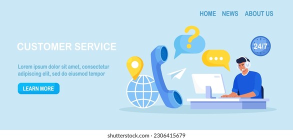 Customer Service Agent with Headsets Talking with Client. Technical Global Support, Assistance, Call Center. Contact Us. Hotline. Satisfaction and Loyalty. Customers care