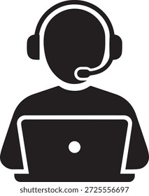 Kundendienst-Agent-Symbol. Call Center Operator mit Headset und Laptop Vektor Silhouette. Support-Vertreter, der am Computersymbol arbeitet.