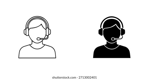Kundenservice-Agent-Symbole mit Headset, Umriss und durchgehender Silhouette, einzeln auf