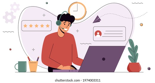 Customer Service Agent Sits In Front Of A Computer Wearing Headphones And Communicates With A Client. Online Helpline, Hotline Operator, Online Customer Support, Personal Assistant, Call Center.Vector