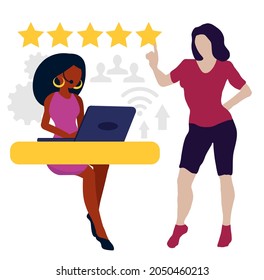 Customer service agent sits in front of a computer wearing headphones and communicates with a client. Concept rating, feedback, web comments. Customer review rating stars. Flat vector illustration 