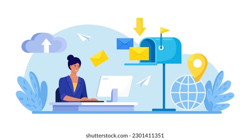 Customer Service Agent Talking with Client. Contact Us. Mail Service, Correspondence Delivery. People Receiving, Sending Letters. New Incoming SMS, E-mail Message. Retro Mailbox with Envelopes