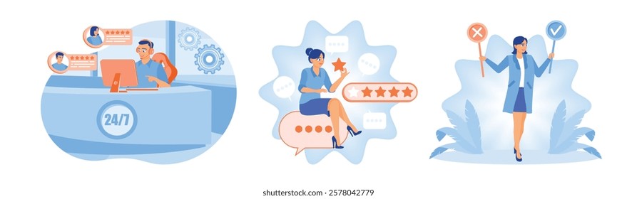 Customer service agent. User reviews. Positive or negative ratings or feedback. Customer Satisfaction Concept. Set flat vector illustration.