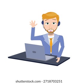 Agente de atendimento ao cliente cumprimentando na ilustração do vetor de mesa