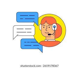 Agente de Servicio al cliente con auriculares, rodeado de burbujas de chat azul y blanco sobre un fondo blanco limpio Ilustración vectorial de dibujos animados Asistencia al cliente dibujada a mano, ayuda en línea