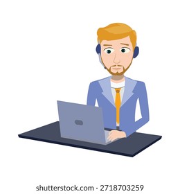 Agente de Servicio al cliente trabajando en la computadora portátil en la Ilustración vectorial de escritorio