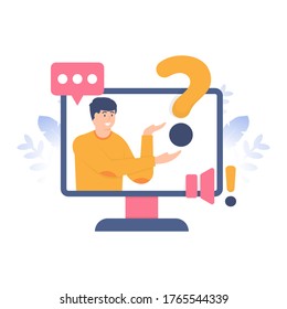 a customer service appears from the monitor or computer to provide service questions. flat design. concept Frequently asked questions or FAQs, question marks around people, online support center