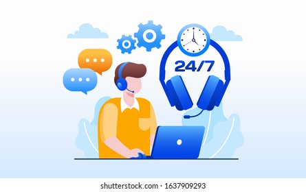 Customer service assistant, man with microphone landing page website flat vector illustration template 