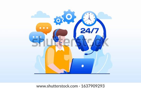 Customer service assistant, man with microphone landing page website flat vector illustration template 