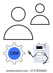 Customer service, automation, technology solutions, AI integration, CRM software, business tools. User icons, a robot with a gear labeled CRM. Customer service and automation-focused visual concept