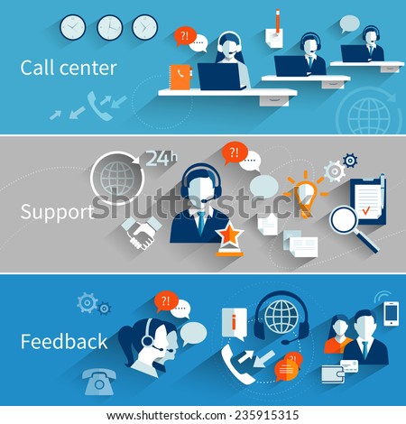 Customer service banners set with call center support feedback isolated vector illustration