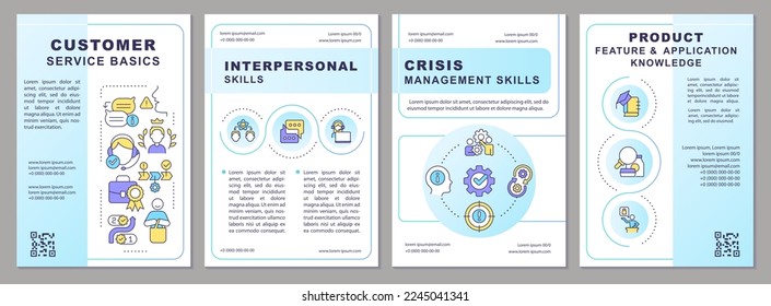 Customer service basics blue gradient brochure template. Workflow rules. Leaflet design with linear icons. 4 vector layouts for presentation, annual reports. Arial, Myriad Pro-Regular fonts used