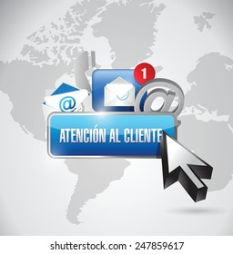 Customer Service button in spanish and icons. illustration design over a white background