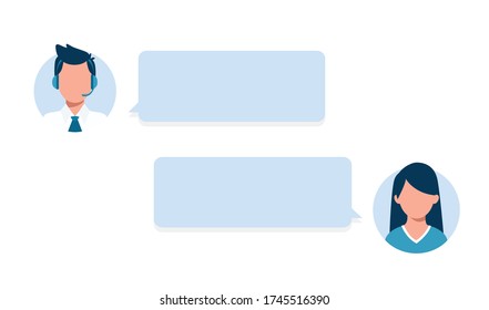 Customer service and call center with blank text message. Two people with bubble signs representing dialogue. Business conversation concept. Man chatting with woman. Vector stock