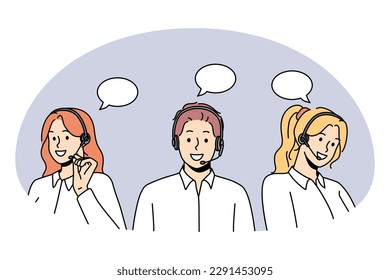 Customer service and call center concept. Group of young people workers in headsets communicating with clients trying to solve problems vector illustration