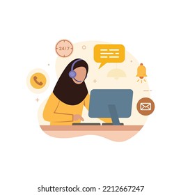 Ilustración del vector hijab del centro de llamadas de servicio al cliente