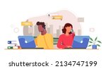 Customer service, call center, hotline flat vector illustration. Online global technical support 24 to 7. Hotline operator advises customer. Customer support department staff, telemarketing agents.