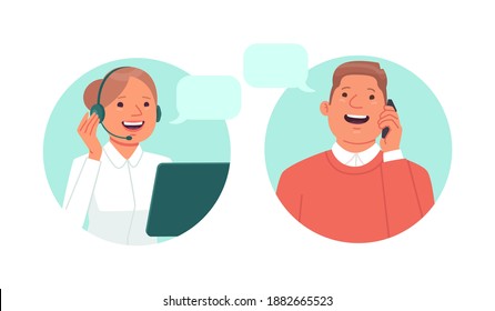 Customer service. The call center hotline operator speaks on the phone with the client. Vector illustration in flat style