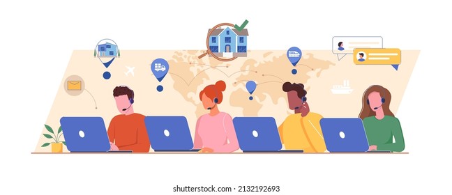 Customer service, call center, hotline for refugees flat vector illustration. Online global support 24 7. Hotline operator advises customer, helping find new housing. Customer support for refugees.