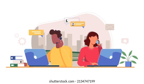 Customer service, call center, hotline flat vector illustration. Online global technical support 24 to 7. Hotline operator advises customer. Customer support department staff, telemarketing agents.