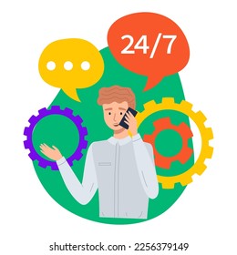 Customer service, call center, hotline. Online global technical support 24 7. Overworked employee with phone. Hotline operator advises customer. Client support department staff, telemarketing agents