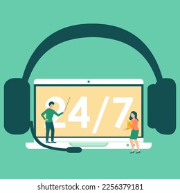 Customer service, call center, hotline. Online global technical support 24 7. Hotline operator advises customer. Client support department staff, telemarketing agents. Headphones, headset and laptop