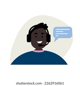 Customer service, call center, hotline, customer support department staff concept. Black man office operator with headset talking to customers. Vector people character illustration.