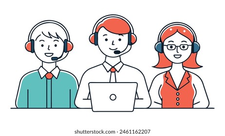 Customer service, Call center, hotline operators with headsets. Online technical support 24 h. Doodle simple hand brush illustration