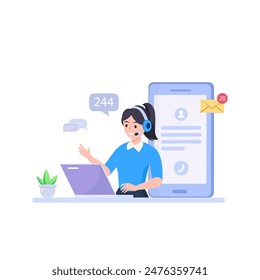 Servicio al cliente. Centro de llamadas. Operadores de línea directa con auriculares en la pantalla del portátil.