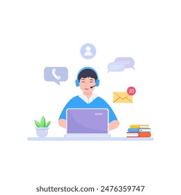 Servicio al cliente. Centro de llamadas. Operadores de línea directa con auriculares en la pantalla del portátil.