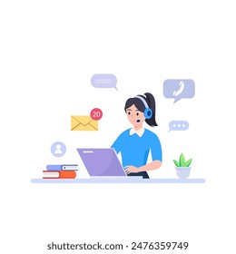 Customer service. Call center. Hotline operators with headphones on laptop screen.