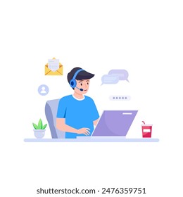 Customer service. Call center. Hotline operators with headphones on laptop screen.