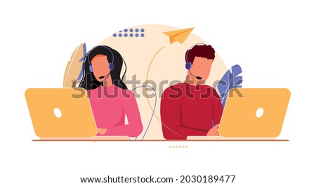 Customer service, call center, hotline flat vector illustration. Online global technical support 24 7. Hotline operator advises customer. Customer support department staff, telemarketing agents. Foto d'archivio © 