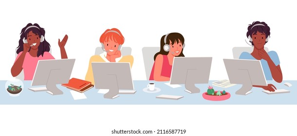 Customer service call center managers equipped with headset and computers. Consumer informing and technical support, hotline and client consultation cartoon vector illustration