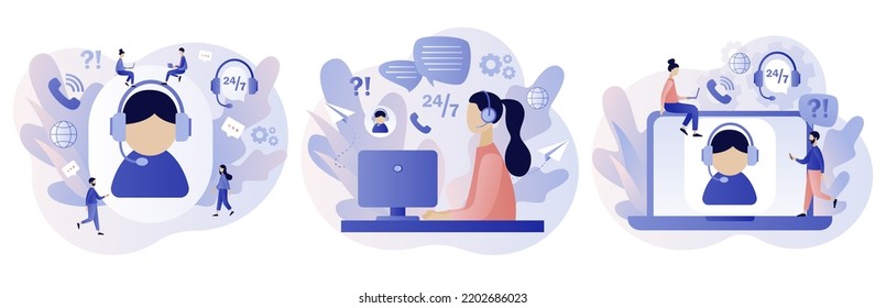 Customer service. Call center. Online support concept. Hotline operator in headset consults client. Modern flat cartoon style. Vector illustration on white background